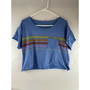 Stunner Crop Top Women's Medium Blue with Front Pocket Striped Short Sleeve Tee